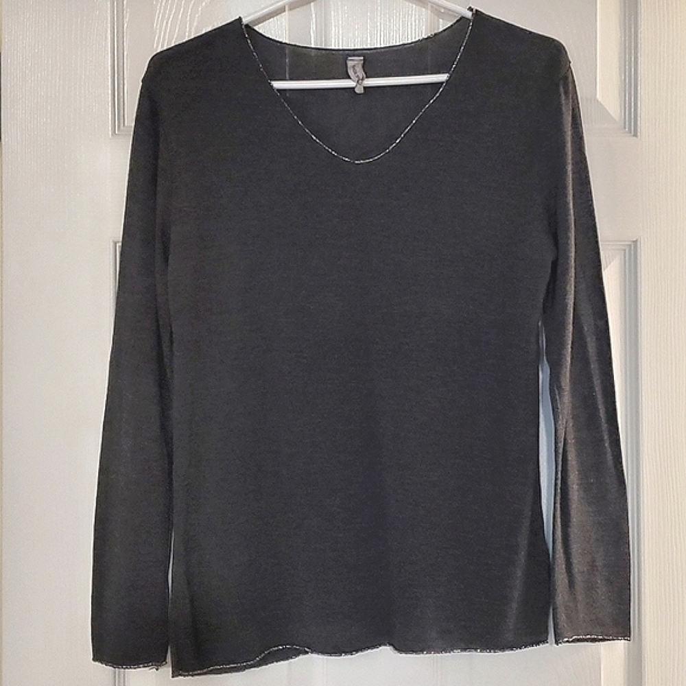 M MADE IN ITALY KNIT SWEATER GLITTER TRIM LONG SLEEVES DARK GRAY WOMENS MEDIUM